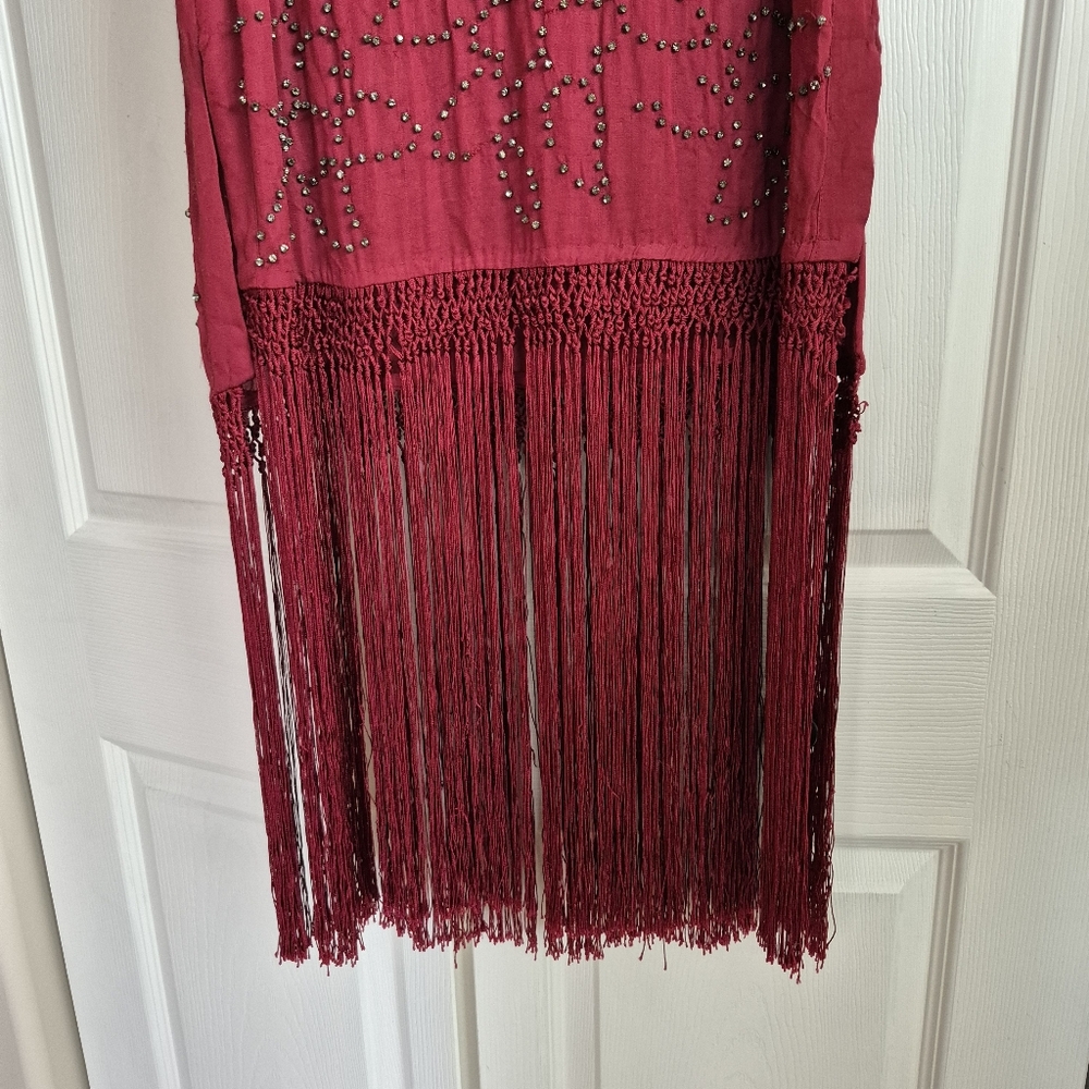 FREE PEOPLE Midnight Party Flapper Fringe Tunic Top Dress S Burgundy Boho Indie - Picture 10 of 16